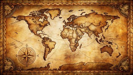Obraz premium Antique World Map, Vintage Cartography, Aged Paper Texture, Treasure Map, Exploration Design