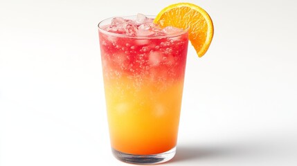 Refreshing tropical drink served in a tall glass with ice and a slice of orange at a summer gathering in bright light