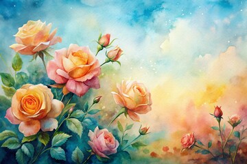 Obraz premium Apricot & Sky Blue Roses: Charming Watercolor Field Vignette - High-Resolution Stock Photo