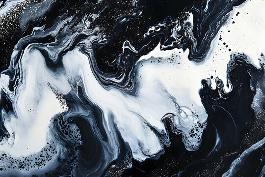 Abstract design of swirling black and white paint.