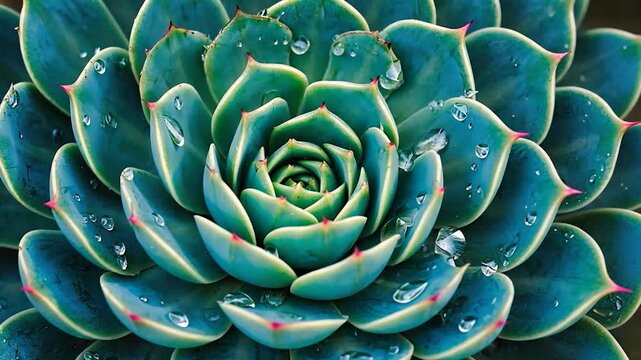 Close-up succulent rosette with water droplets; detailed plant texture, ideal for nature background, educational material