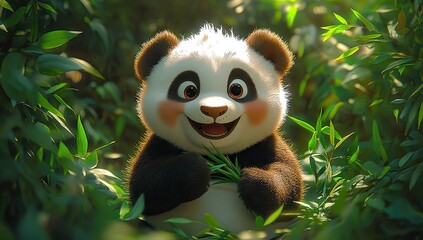 Fototapeta premium Happy panda cub eating bamboo in lush forest