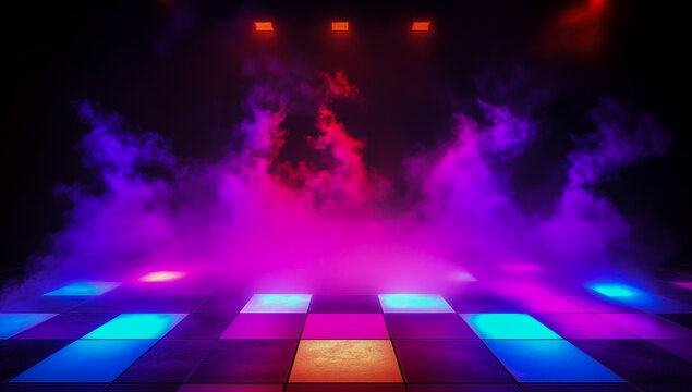 A dark, black backdrop illuminated by neon lights and swirling smoke, with a vibrant dance floor featuring square tiles and fog machine effects creating an atmospheric light show.