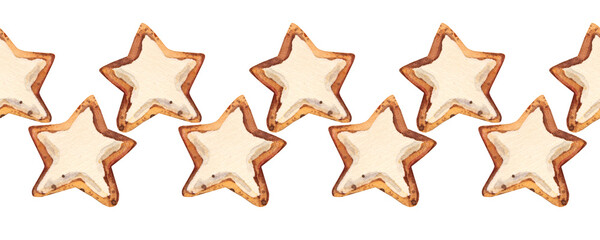 Watercolor seamless border with Christmas gingerbread star and ornate on white background. Celebration winter New Year dessert food for menu. Bakery cookie December rim for wallpaper or wrapping