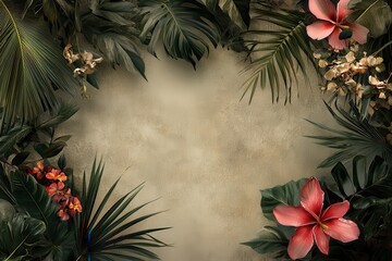 Tropical floral arrangement on a light beige textured background.  Framed by lush greenery, vibrant blossoms, and exotic leaves