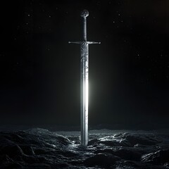 Naklejka premium A gleaming sword, bathed in light, stands in the dark