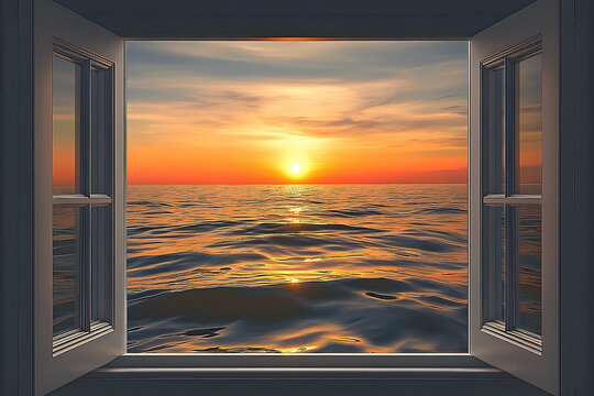 Fototapeta A dramatic sunset view seen through a window frame.
