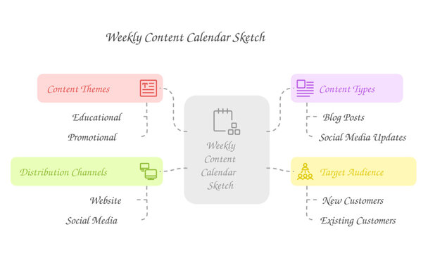 Weekly Content Calendar Sketch: A visual sketch depicting a weekly content calendar framework, highlighting content themes, content types, distribution channels, and key elements.