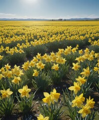 Obraz premium Expansive field of daffodils bathed in sunlight, clear blue sky backdrop , texture, day
