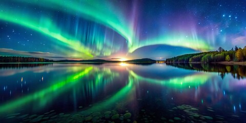 Aurora Borealis Reflection, Starry Night Lake, Northern Lights Photography, Calm Water Landscape