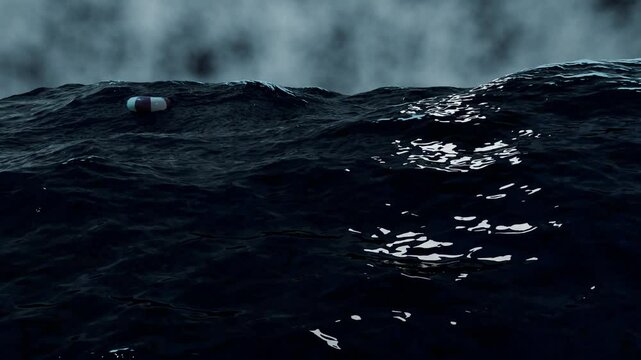 3d render os stormy waters with lightning, shark and life preserver