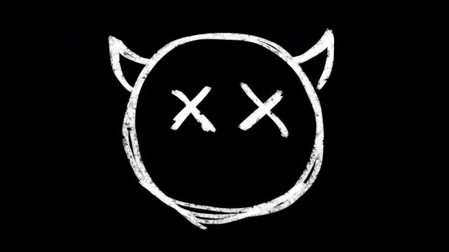 Hand-drawn scribble Emoji animation of a Devil face to put emotions in your videos. Demon cartoon face frame by frame brush stroke animation. Doodle icon, wiggle sticker rough pencil crayon.