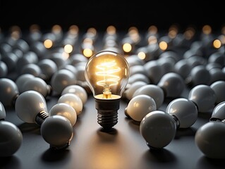 "Bright Ideas: One Illuminated Lightbulb Shining Among Unlit Bulbs"