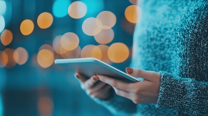 Woman using digital flashcard app on tablet in blurred background