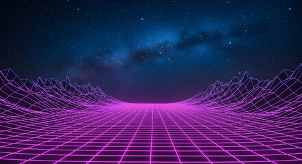 Retro-Futuristic Neon Grid Under Starry Sky