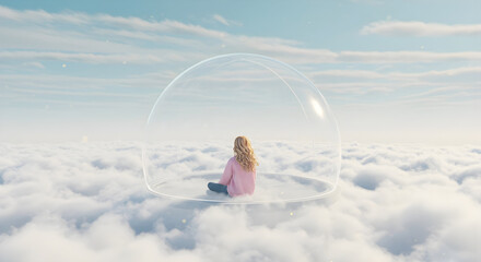 Person Sitting Under a Transparent Dome in Cloudy Landscape, Digital Illustration