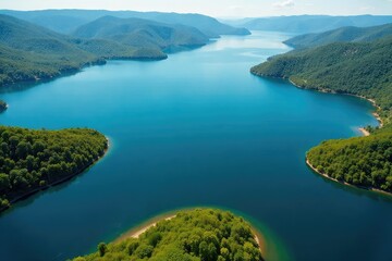 Obraz premium Abstract aerial view of lake, showing winding shoreline and islands , blue, topographic
