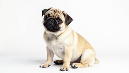 Adorable pug dog sits, isolated on white background, white, isolated