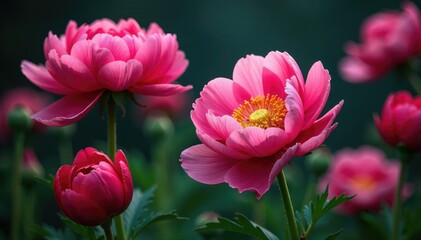 Fototapeta premium Bold blossoming peonies & poppies, vibrant hues on dark ground , home decor, floral tapestry, poppies