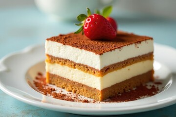 Close-up of a single serving of tiramisu, showing texture and detail , ladyfingers biscuits, studio shot
