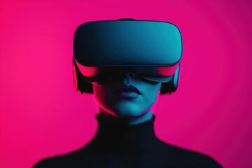 Woman exploring virtual reality using futuristic vr headset on vibrant pink background