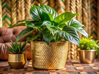 Bohemian Plant Basket with Metallic Foil Accents, Natural Woven Background - Stock Photo