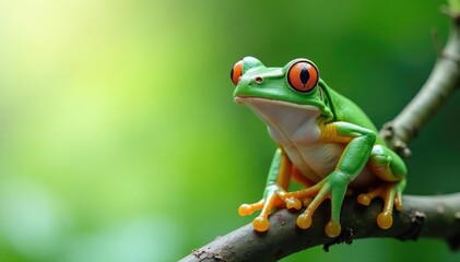 Naklejka premium Green tree frog, perched on white, vibrant detail, isolated frog, amphibian