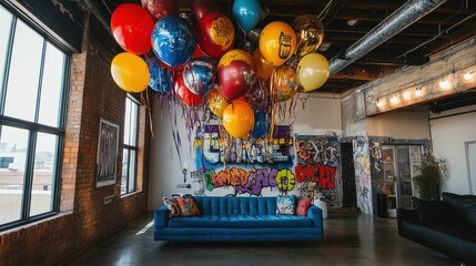 Teen birthday with graffiti-style balloons in an urban loft, edgy and modern party design.