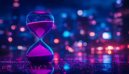 A luminous hourglass filled with vibrant purple sand set against the backdrop of a shimmering nighttime city skyline.