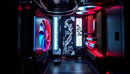 inside of a computer case with red and blue lights