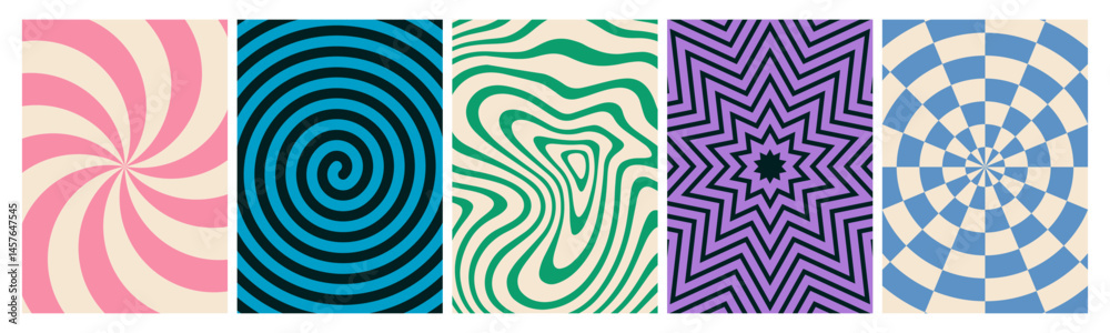 Poster Abstract Retro Groovy Patterns. Psychedelic Swirl Vector Graphic. Fun and Funky Pop Waves. Vintage Wavy Texture