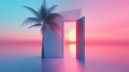 Surreal doorway in flat landscape opening to tropical palm and pastel sky symbolizing hope and alternate future reality

