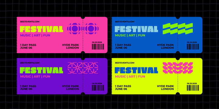Vector Concert Event Ticket Design. Template Festival Pass Background. Party Entrance Mockup. Music Festival Ticket Layout