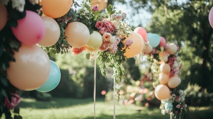 Wedding garden party with floral garlands and white balloons, dreamy outdoor celebration scene.