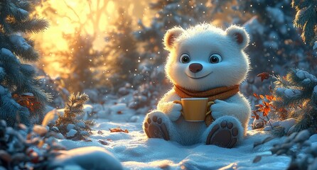 Cute polar bear enjoying hot drink in snowy forest at sunrise