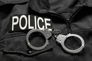 Handcuffs on police officer's uniform, closeup