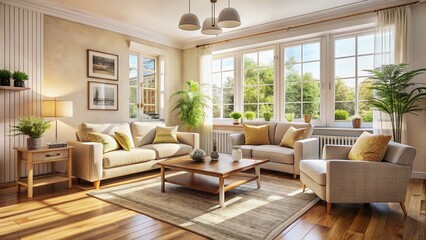 Naklejka premium Bright Living Room Interior Design, Beige Furniture, Large Windows, Natural Light, White Radiator