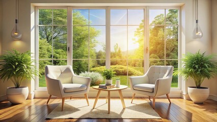 Bright Living Room with Large Window & Two White Chairs - Modern Interior Design Stock Photo