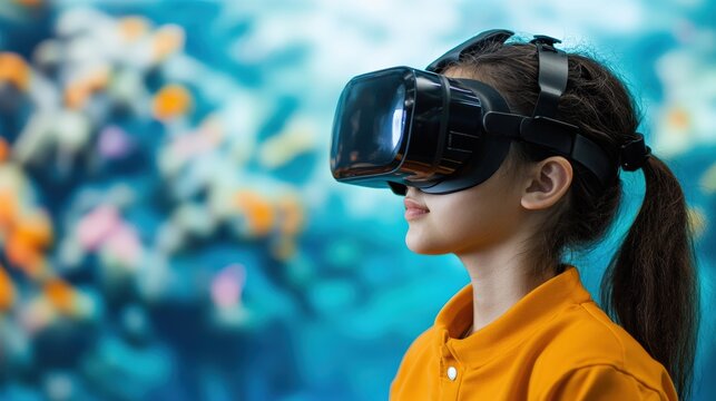 Young girl exploring underwater world with virtual reality headset - Powered by Adobe
