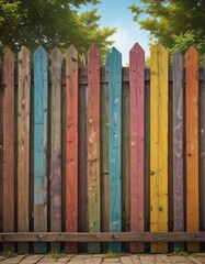 Fototapeta premium Aged wooden fence, colorful poster, idyllic park setting, billboard, park, landscape