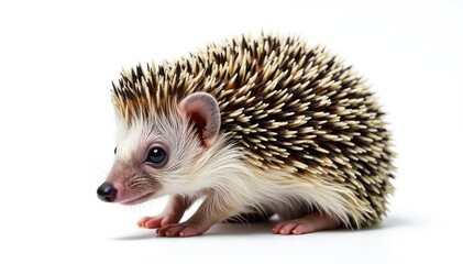 Fototapeta premium Small hedgehog, curled in a ball, isolated on pure white background, wild, background, pet