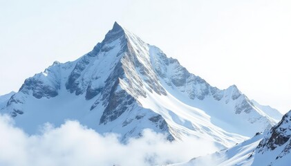 Obraz premium Snow-covered mountain peak against a bright white sky, summit, horizon, peak