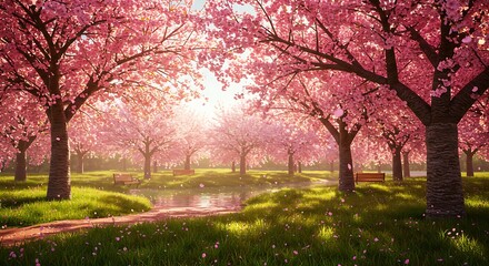 Fototapeta premium Walking Path Through Blooming Trees in Spring Landscape