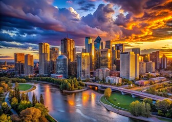 Fototapeta premium Calgary Skyline Sunset Aerial View - Dramatic Night Photography, Alberta, Canada