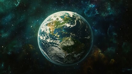 Naklejka premium Stunning Planet Earth Space View Green Nebula Background Digital Art High Resolution Detailed Image of Earth from Space Showing Continents and Oceans Amazing Realistic Earth Space 