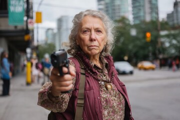 Elderly grandma woman holding a gun on a street