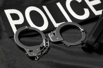 Handcuffs on police officer's uniform, closeup