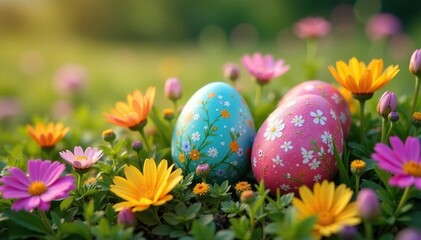 Decorated eggs nestled in vibrant wildflowers, game, chocolate