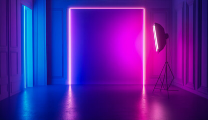 A modern photo studio with bare walls decorated with blue and pink neon lights, creating a sleek and atmospheric backdrop ideal for creative photography sessions.