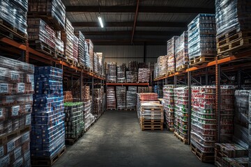 Warehouse filled with stacked pallets of beverages and canned goods.  High density storage in a large industrial space.  Pallets neatly arranged on metal racking.  Dim lighting casts shadows